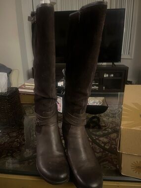 UGG Tall Leather & Suede Heeled Boots in Dark Brown